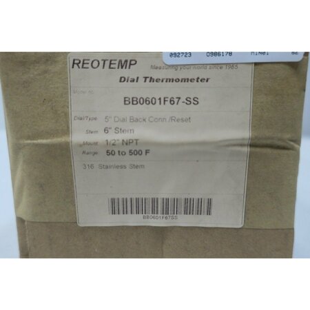 Reotemp DIAL 5IN 1/2IN 6IN 50-500F NPT BIMETAL THERMOMETER BB0601F67-SS